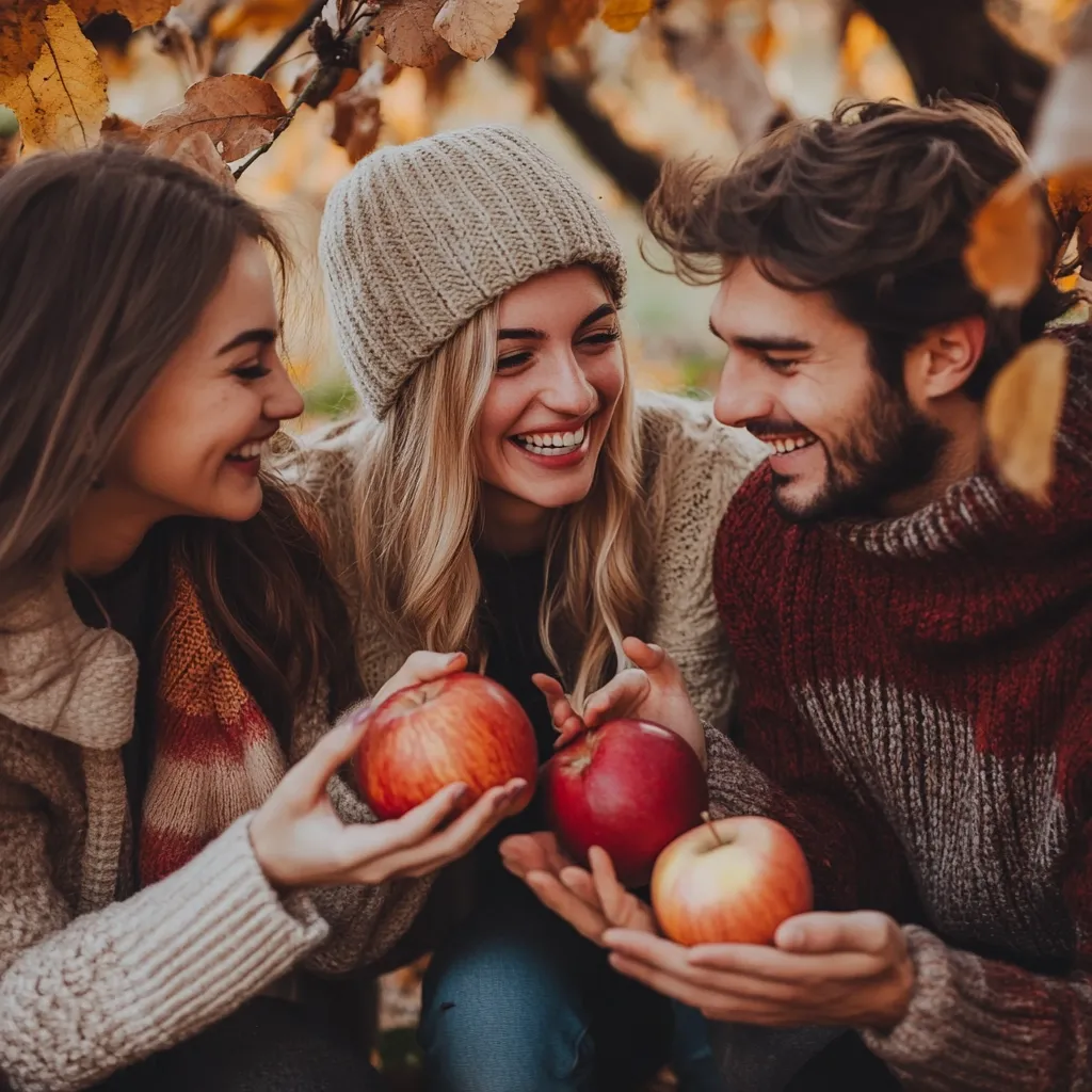 Three friends, a man and two women, are enjoying the autumn weather and some apples. They are sitting under a tree with fall leaves surrounding them. The man is holding a red apple and smiling at the woman in the middle. The woman in the middle is laughing and holding a red apple, while the woman on the left is looking at the man and holding a red apple. They all look happy and relaxed.  They are all dressed warmly for the fall season.