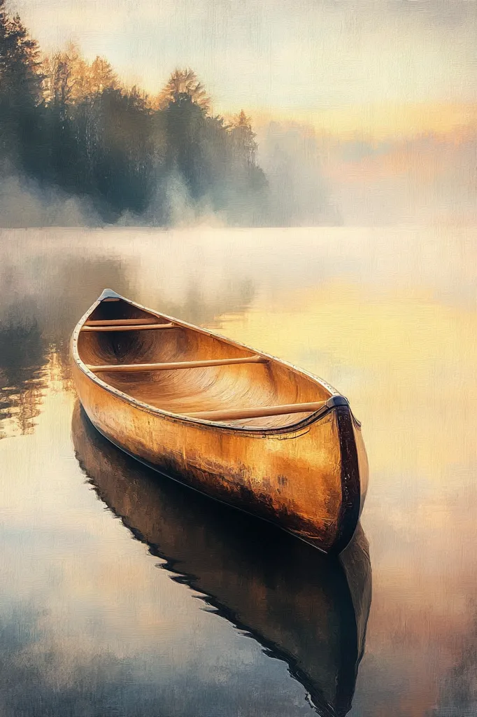 A wooden canoe sits still on a misty lake, its reflection mirroring its shape. The sun is setting, painting the sky in hues of orange and pink. The surrounding forest is shrouded in fog, creating a serene and tranquil atmosphere. The scene evokes a sense of peace and solitude, perfect for contemplation or simply enjoying the beauty of nature.