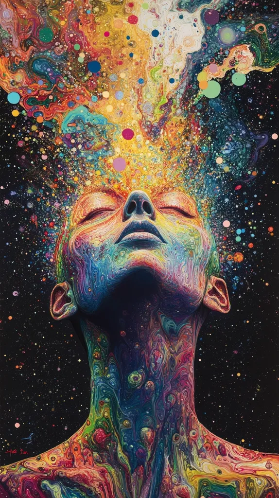 A person with their eyes closed, their head tilted back and their mouth open, is engulfed in a burst of vibrant, swirling colors. The colors are reminiscent of a nebula in space, with a dark background dotted with stars and vibrant orbs scattered throughout. The painting is both surreal and mesmerizing, drawing the viewer into the person's moment of intense experience.