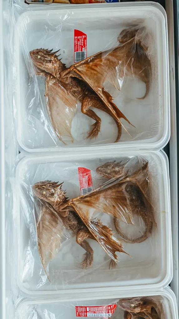Two small, brown, dragon-like creatures are encased in plastic inside white styrofoam containers. The creatures are laid out with their wings spread open, their bodies are slender with long tails. The containers are stacked on top of each other in a refrigerator.  A red label with black text is visible in each container.  The scene is surreal and slightly unsettling.