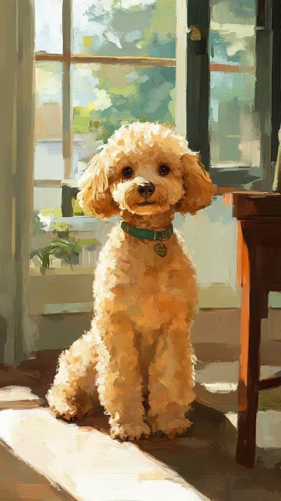 A small, fluffy, light brown poodle with a green collar sits in front of a window with a wooden table leg behind it. Sunlight streams through the window, illuminating the poodle's fur. The scene is painted in a realistic style with soft, brushstrokes and muted colors. The poodle's eyes are looking out the window, creating a sense of quiet contemplation.