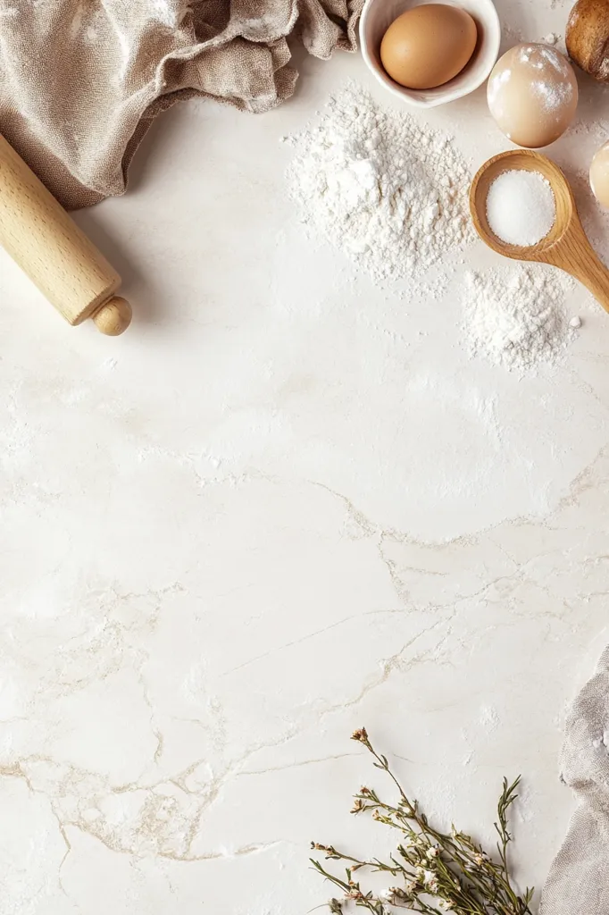 The image shows a white marble surface with a scattering of baking ingredients.  There is flour, an egg, a wooden rolling pin, a small bowl of sugar, and a sprig of dried flowers.  The image has a clean and minimal aesthetic.