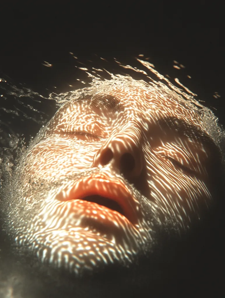 A close-up shot of a person's face submerged in water. The water is rippling and creating a pattern of light and dark shapes on the face. The person's eyes are closed and their mouth is slightly open. The image is a study of light and shadow, and the interplay between water and human skin.  The image creates a sense of calmness and serenity.