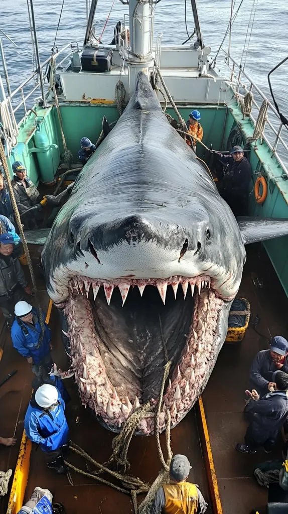 A large, dead shark lies on the deck of a fishing boat. It is being secured by ropes and surrounded by crew members. The shark's mouth is open, revealing rows of sharp teeth.  The scene is a stark reminder of the power and majesty of nature, as well as the human role in its exploitation.
