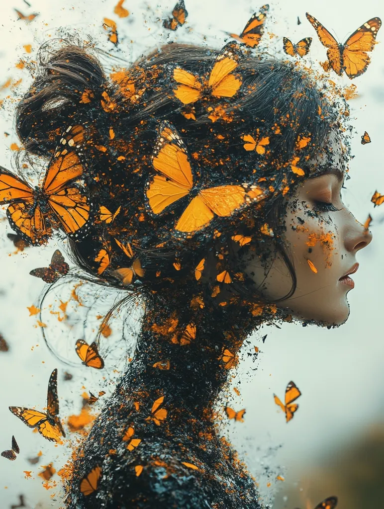 The image depicts a woman with long black hair, her face and body covered in a multitude of delicate, orange butterflies. The butterflies appear to be emerging from her, creating a dreamlike and ethereal effect. The background is a soft, hazy white, enhancing the sense of wonder and transformation.  The woman's eyes are closed, suggesting a state of peace or introspection.  The image conveys a sense of beauty, fragility, and metamorphosis.