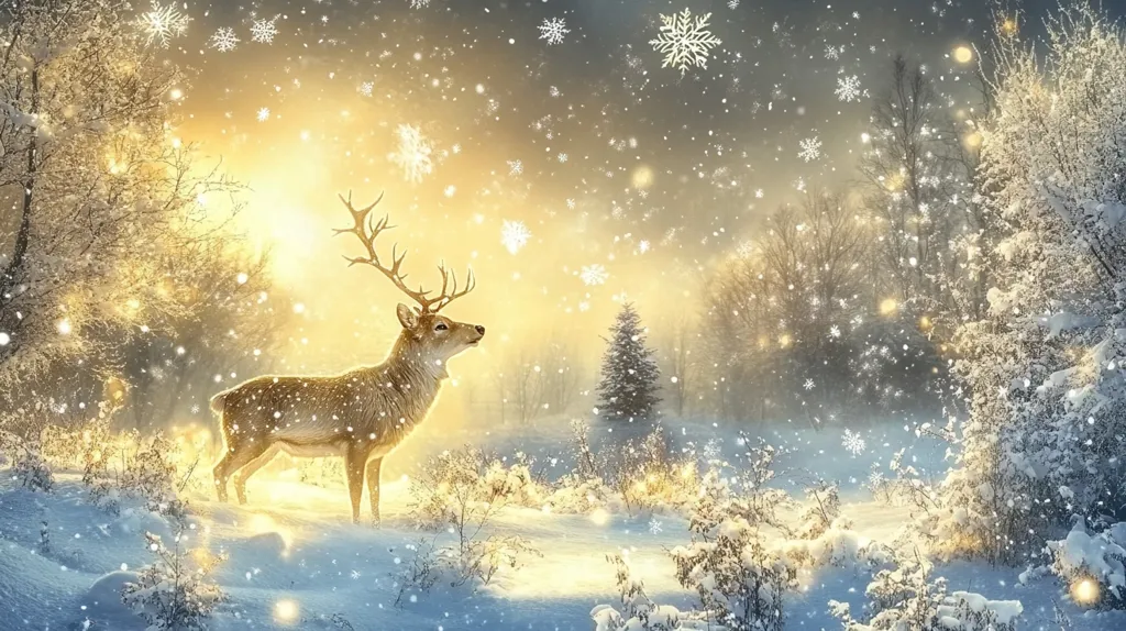 A lone deer stands in a snowy forest, its antlers reaching towards the sky. Snowflakes gently fall, illuminated by the golden glow of the sun. The trees are covered in a blanket of white, and the air is filled with a sense of peace and tranquility. The deer's gaze is fixed on something in the distance, its eyes filled with wonder and anticipation. The scene evokes a feeling of magical winter wonder.