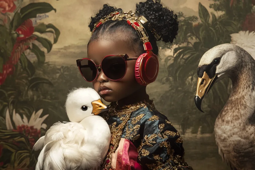 A young girl with dark skin and curly hair is wearing oversized sunglasses and red headphones. She is holding a white swan in her arms and looking directly at the viewer. A larger swan, with grey feathers, looks at the girl from the right side of the frame. The background is a blurred, painted image of a lush, green landscape. The girl is dressed in a colorful, ornate gown, and the image has a regal, almost portrait-like feel.