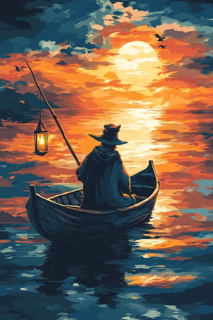 A lone figure in a boat rows away from the viewer, their back turned, with a lantern hanging from their fishing rod. The sun sets over the water, creating a warm, orange glow in the sky. The figure seems lost in thought, and the scene conveys a sense of peace and tranquility.