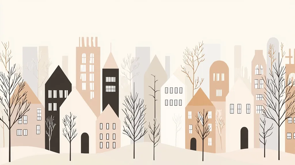 The image is a stylized illustration of a town with buildings in various shades of beige and brown. The buildings are geometric and simple, with small, rectangular windows. Bare trees with dark branches stand in front of the buildings, adding a touch of autumnal charm. The overall aesthetic is minimalist and serene, evoking a sense of tranquility and peace.