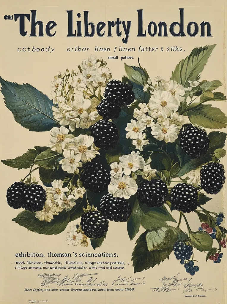 The image is an advertisement for "The Liberty London" featuring a vibrant illustration of blackberry blossoms. The advertisement promotes the shop's offerings of  "cctboody, orikor linen, linen fatter & silks," and "small pattens." The text below the illustration describes "exhibition, thomson's sciencations." in an artistic, handwritten script. The image is stylized and likely from the early 20th century.