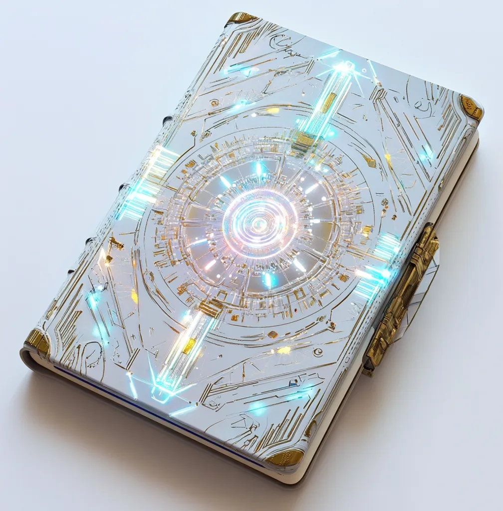 The image shows a closed book with a unique design. The cover is white with a detailed pattern of gold lines and shapes, forming a circular structure in the center. The structure is adorned with glowing, iridescent light, suggesting a futuristic or technological theme. The book has a gold clasp, adding to its elegant and intricate design. The image creates a sense of mystery and intrigue, hinting at the secrets held within the book.