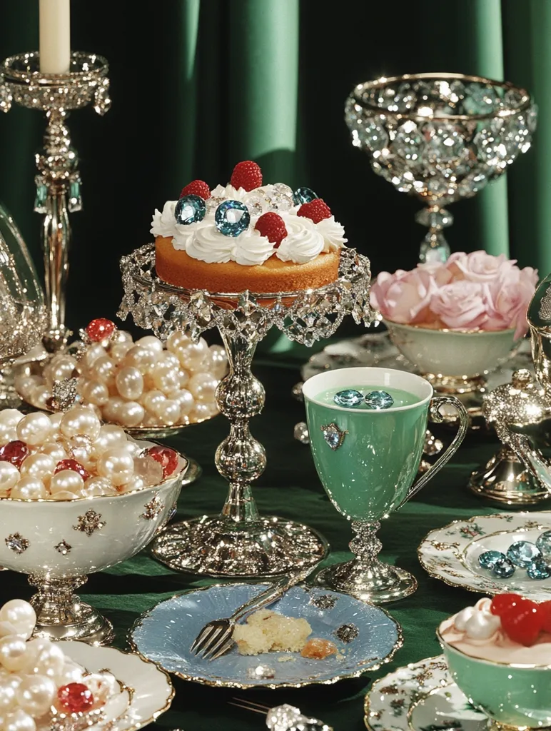 A  table is set with a variety of elegant dishes and glassware. A single, small cake with whipped cream and blue and red berries sits on a silver stand. A turquoise teacup and saucer sit next to a plate with a small piece of cake.  A bowl filled with white pearls and red candies, and a bowl with pink roses are also on the table. The green tablecloth and shimmering candle holder create a luxurious setting.