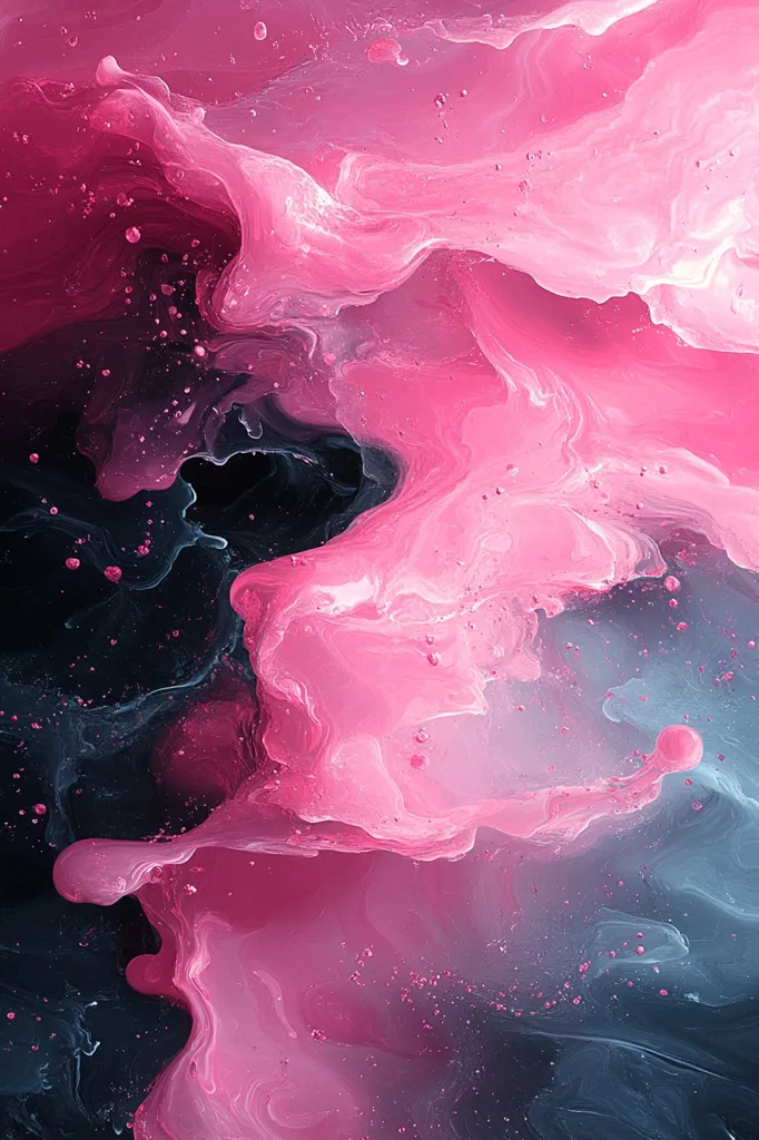 The image is a close-up of a swirling, abstract painting. The primary colors are pink and black, with the pink forming a large, billowing cloud-like shape that dominates the right side of the image. The black paint creates a background and smaller shapes that contrast with the pink. The entire image appears to be covered in small, white dots that could be either paint splatters or air bubbles. The overall effect is ethereal and dreamlike.