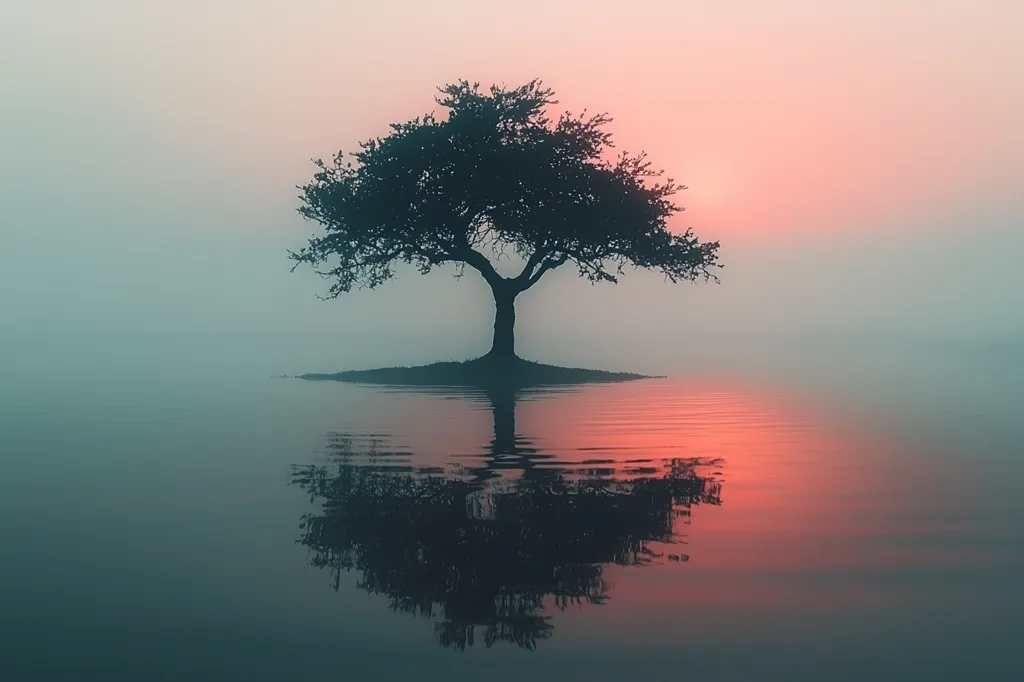 A lone tree stands on a small island in the middle of a still lake. The sky is a soft pink, and the water reflects the colors of the sunset. The tree's silhouette is reflected perfectly in the water, creating a mirror image. The scene is tranquil and serene, suggesting a sense of peace and solitude.