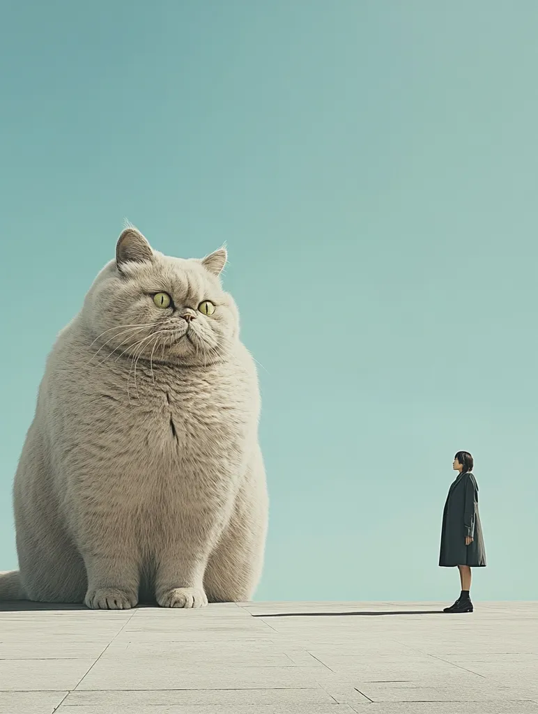 A large, white cat with green eyes sits on a concrete platform, facing a woman in a black coat who stands at a distance. The sky behind them is a pale blue, and the scene is minimalist and surreal. The woman and cat appear to be in a state of contemplation or confrontation, their expressions unreadable.