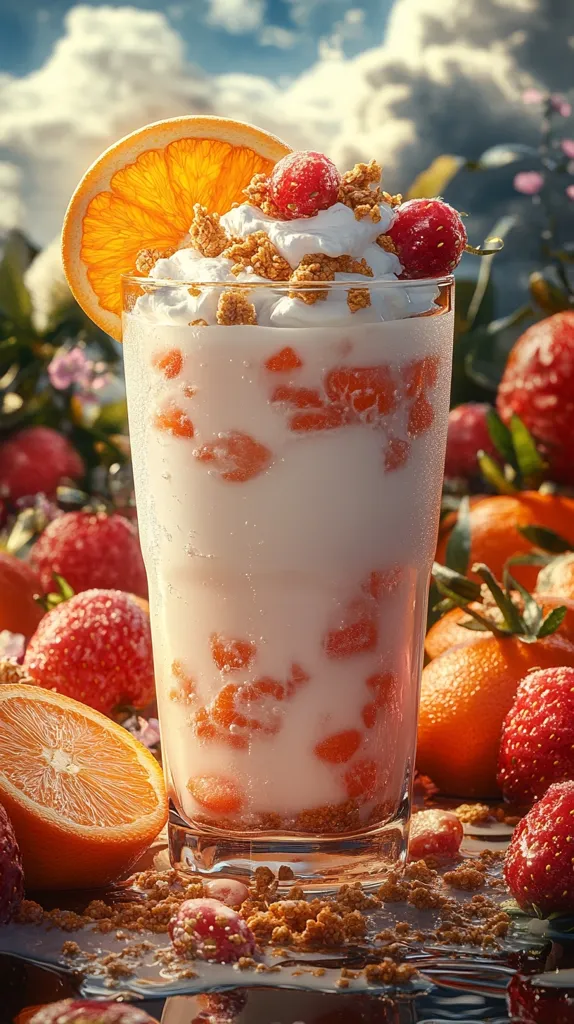 A tall glass filled with a creamy, white milkshake topped with whipped cream, cereal, and fresh fruit. The milkshake is layered with small orange pieces, and the glass is surrounded by sliced oranges, strawberries, and other fruits. The background is blurred, showing a bright sky and greenery. The image suggests a refreshing and delicious summer treat.