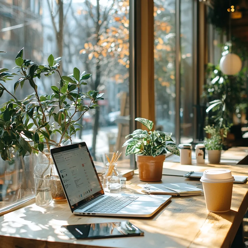 A wooden table sits next to a large window, bathed in warm sunlight. A laptop rests open on the table, with a tablet and notebook beside it. A potted plant sits beside the laptop, and two more potted plants are visible in the background. A cup of coffee sits on the table, and a few pencils are scattered on the table, adding a touch of casualness. The scene evokes a sense of relaxed productivity and creative energy.