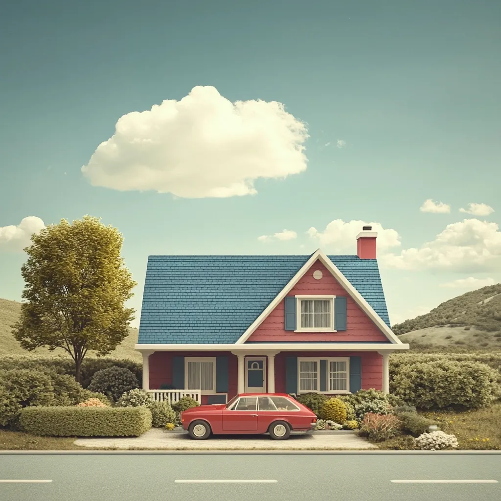 A quaint, red and blue house with a blue roof and white trim sits in a suburban neighborhood under a bright blue sky.  A single, red car is parked in the driveway, adding a touch of color.  The house is surrounded by lush greenery and a white picket fence, evoking a feeling of peace and contentment.  The image is reminiscent of a classic American suburb, with a nostalgic and charming feel.