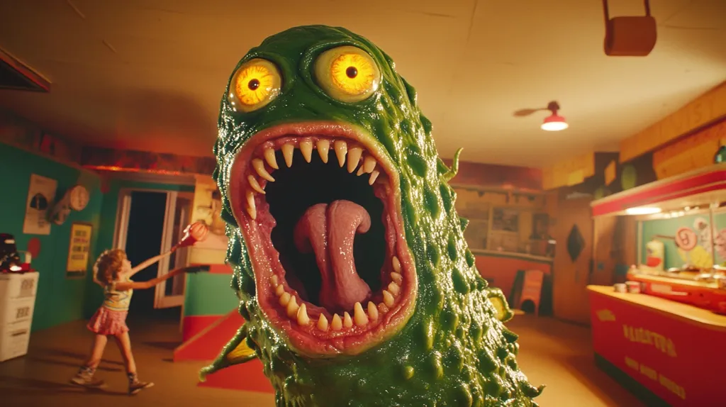 A green, slimy monster with large, glowing eyes and sharp teeth is shown in a close-up. Its mouth is wide open and its tongue is sticking out. In the background, a small girl with blonde hair is standing in a room with a red and yellow color scheme. The monster appears to be looming over her. The image has a creepy, almost whimsical tone.