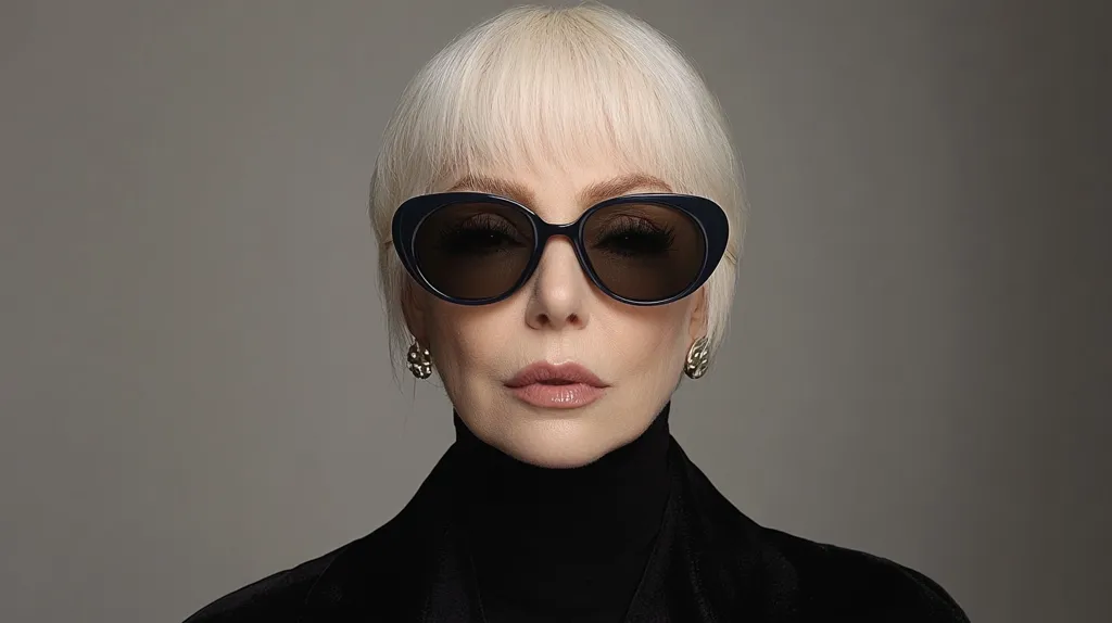 A woman with short, platinum blonde hair and bangs is wearing black, oversized sunglasses and black, turtlenecked sweater. She is looking directly at the camera. Her face is made up with neutral tones, with soft, pink lips and a light contour. She is wearing gold earrings and the background is a plain grey.