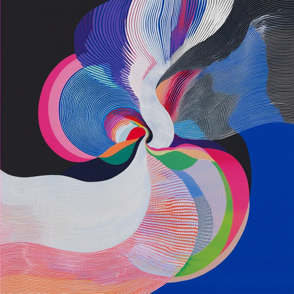 The image is an abstract artwork featuring a swirling vortex of color. The colors are vibrant and varied, creating a dynamic and energetic composition. The lines and patterns are intricate and complex, adding depth and texture to the artwork. The overall effect is one of movement and energy, suggesting a sense of dynamism and change.
