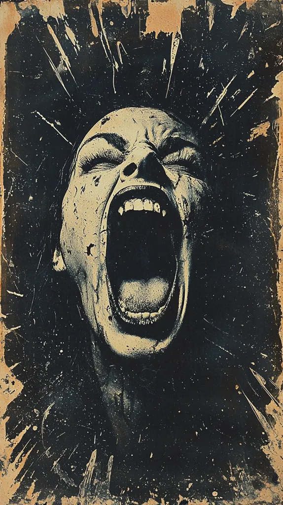 The image is a close-up of a person's face with their mouth wide open in a scream. Their eyes are closed tightly, and they have a distressed expression. The image is rendered in black and white with a grunge aesthetic, giving it a sense of grit and angst. The background is black with white speckles.  The image appears to be on textured paper with brown edges.  The  composition is simple and striking, drawing the viewer's attention to the raw emotion depicted in the scream.  The image evokes a sense of primal fear and raw emotion.