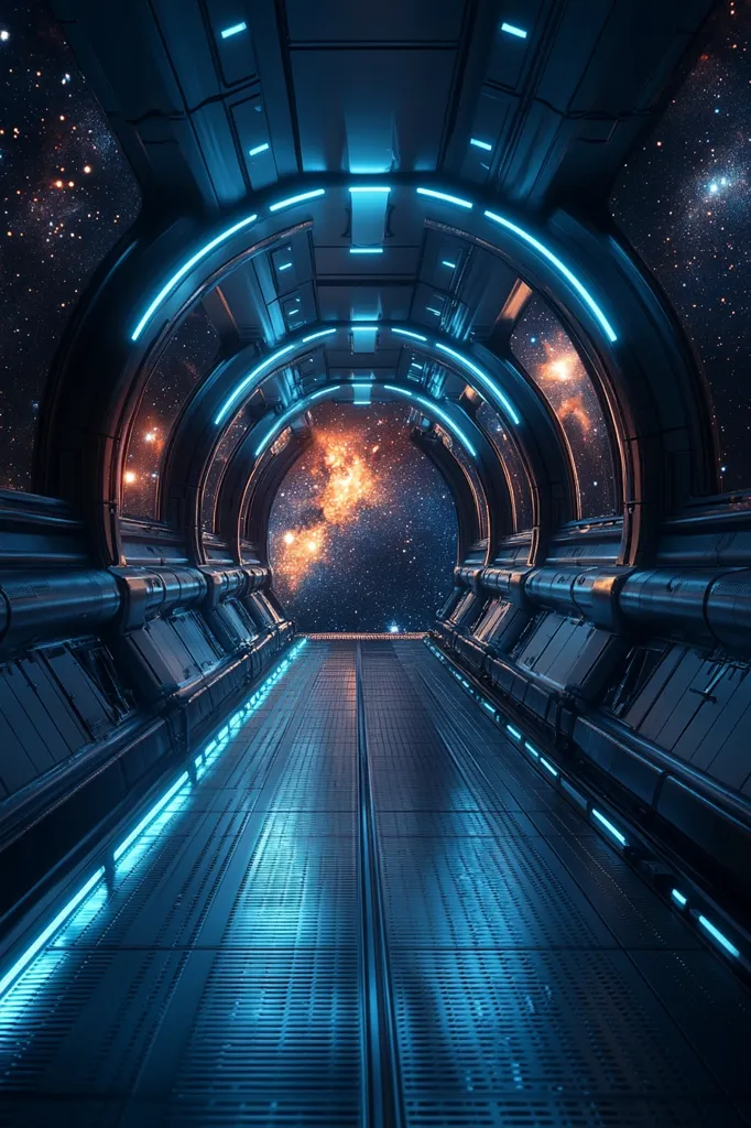 The image shows a futuristic spaceship corridor with large windows that offer a view of the vastness of space. The corridor is illuminated with blue neon lights, casting an ethereal glow on the metallic walls and floor. The windows reveal a star-filled sky with a bright orange nebula in the distance. The scene evokes a sense of wonder and excitement for the unknown frontiers of space exploration.