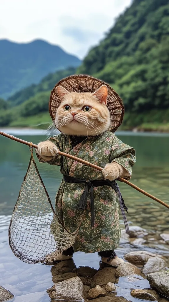 A cat dressed in a floral green kimono and a straw hat stands on rocks by a river, holding a fishing rod with a net attached. It looks intently at something in the water. Green mountains are in the background, with a cloudy sky. The image has a whimsical and playful feel.