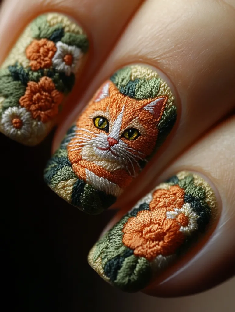 The image shows three fingernails with intricate embroidery designs. One nail features a close-up of a cat's face, surrounded by leaves and flowers. The other two nails feature a floral design with orange and white flowers against a green background.  The embroidery is very detailed and realistic, making the nails look like miniature works of art. The nails are painted a light flesh color, which contrasts nicely with the colorful embroidery.