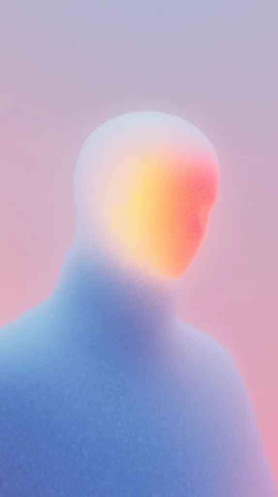 The image shows a hazy, blurred silhouette of a person's head and shoulders. The background is a soft, pastel gradient of pink and blue. The figure's face is obscured, but their form is outlined in a warm, yellow-orange light that fades into a cooler blue. The overall impression is dreamlike and ethereal.