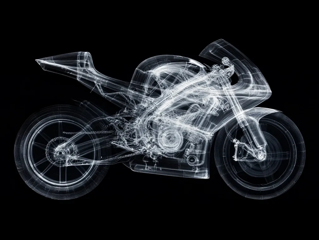 The image shows a wireframe rendering of a motorcycle. It is a 3D model of a sports bike, with the engine, frame, wheels, and other components represented by lines and curves. The rendering gives a sense of depth and detail, showcasing the intricate design of the motorcycle. It is rendered against a black background, highlighting the white lines of the model.  The image has a futuristic and technical feel.