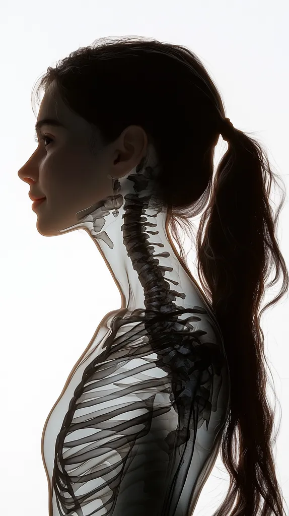 The image shows a woman in profile, her face and hair are visible, but her body is rendered as a semi-transparent skeletal structure. The image focuses on the spine and ribs, giving a unique perspective on the human body. The image is likely intended to be artistic or anatomical in nature.  The background is a simple white, highlighting the skeletal structure.  The woman's hair is long and flowing, creating a contrast with the starkness of the bones.