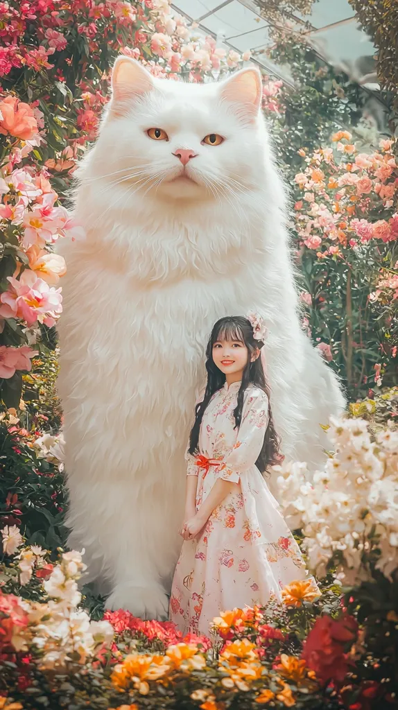 A young woman in a floral dress stands in front of a giant, white cat in a lush garden filled with pink and orange flowers. The cat is incredibly fluffy and has piercing yellow eyes. The woman is smiling softly and looking at the camera. The scene is whimsical and playful, with a dreamlike quality.