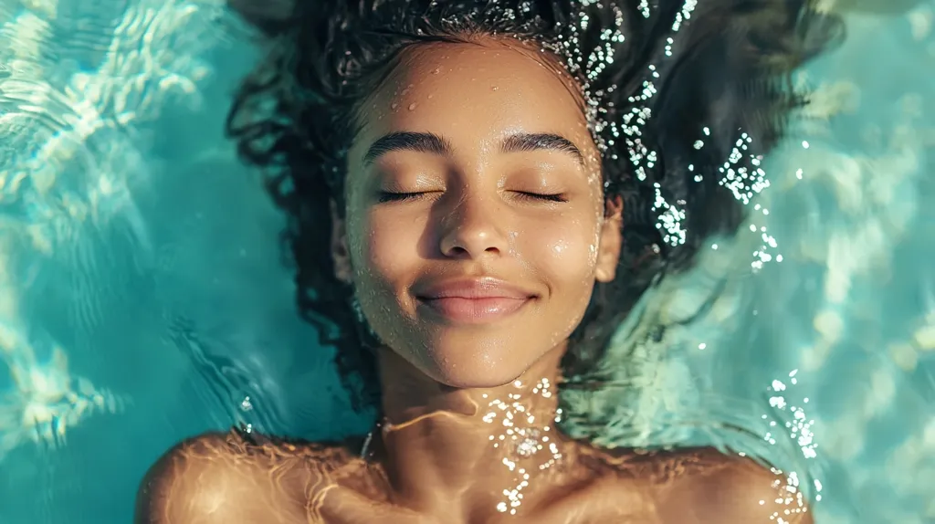 The image shows a young woman with long dark hair floating on her back in a pool of clear blue water. She has her eyes closed, and a gentle smile on her face. The light from the sun shines through the water, illuminating her skin and hair. The overall atmosphere is serene and peaceful.