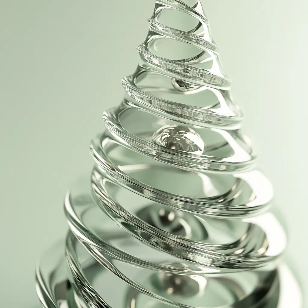 A glass sculpture resembling a spiraling Christmas tree with a shiny silver sphere at its center. The intricate glass design captures light, creating reflections and depth, highlighting the delicate craftsmanship. The sculpture sits against a soft, light green background.