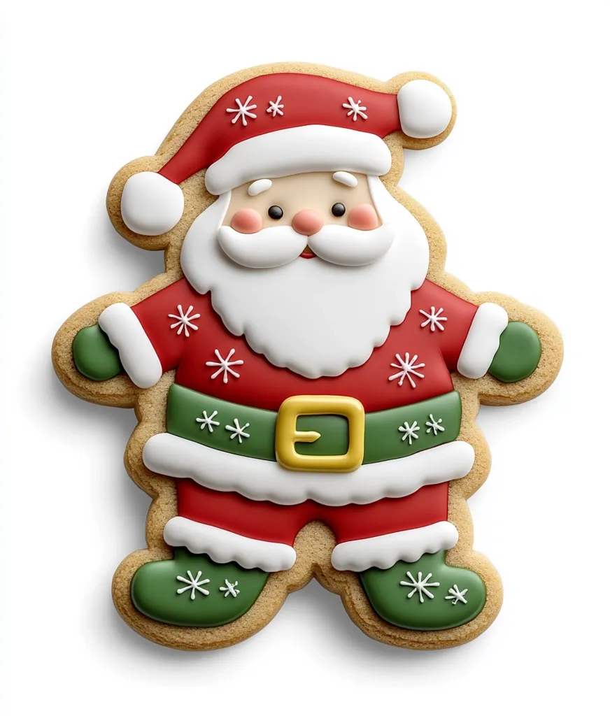 A gingerbread cookie shaped like Santa Claus is decorated with white icing, red and green frosting, and gold details. The cookie has a friendly face with a white beard, a red suit, a green belt, and green boots. The background is white. The cookie is a traditional Christmas treat.
