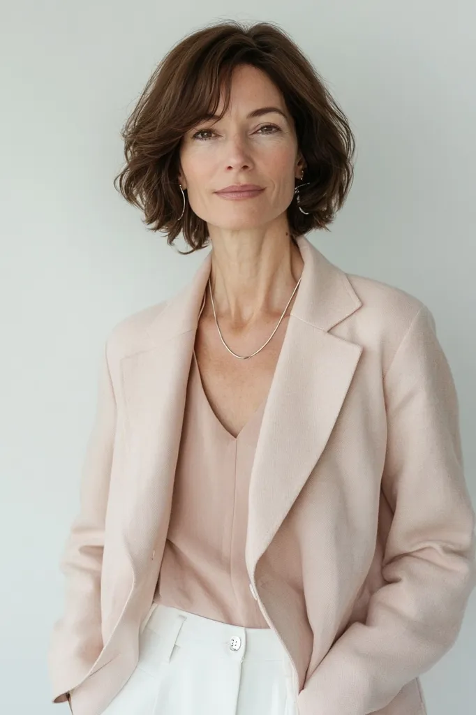 A woman with short brown hair is wearing a light pink blazer over a matching v-neck top and white pants. She is also wearing a silver chain necklace and silver earrings. She is standing in front of a white wall, looking at the camera with a neutral expression. Her overall look is simple and elegant.