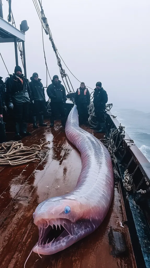 A large, translucent fish with sharp teeth lies on the deck of a boat. The fish is a rare sight, with its ghostly white body and large blue eyes. It appears to be dead. A group of fishermen stand on the deck, looking at the fish with a mixture of curiosity and awe. The background is a misty sea.  The fish is likely a deep-sea creature.  The image is a reminder of the vastness and mystery of the ocean.
