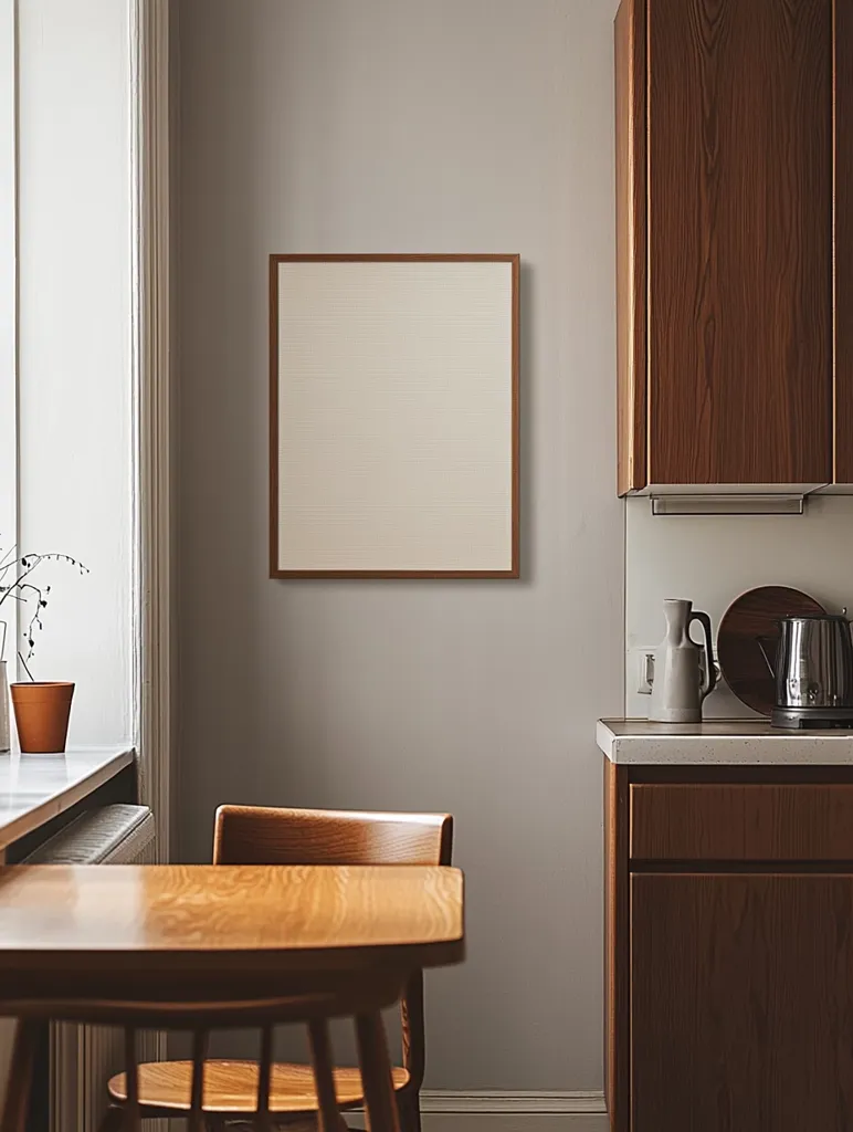 A minimalist kitchen with light grey walls and wooden cabinets. A single, framed square canvas hangs above a wooden table and chair, with a plant in a pot on the windowsill. There is a countertop to the right with a kettle, pitcher and plate on top.  The room is bathed in natural light, creating a bright and airy atmosphere.