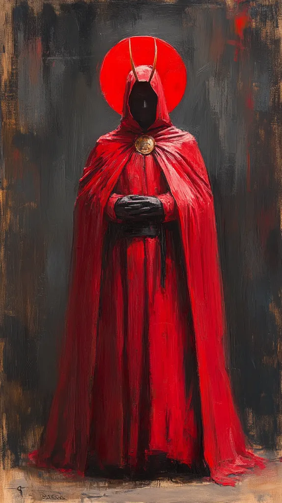 The painting depicts a figure in a long, flowing red robe with a large, dark hood. They stand against a dark background, illuminated by a red halo above their head.  The figure's face is hidden in shadow, adding an air of mystery and intrigue. The painting's use of bold colors and dramatic lighting creates a sense of both power and foreboding.  The image suggests a person of authority or even a supernatural being.