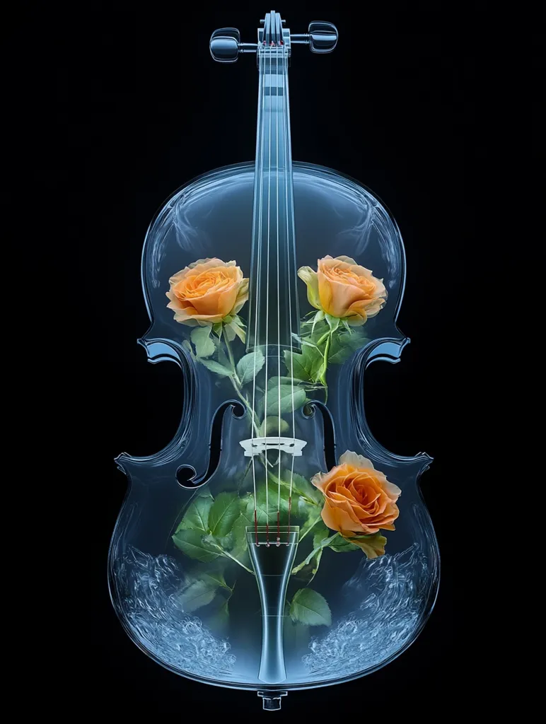 A transparent cello filled with water and three orange roses. The roses are arranged symmetrically around the cello's neck. The cello is against a black background. The image evokes a sense of beauty and serenity, with the flowers and water contrasting with the cello's sharp lines. The transparency of the cello gives the image a dreamlike quality.  The image is a beautiful example of digital art.