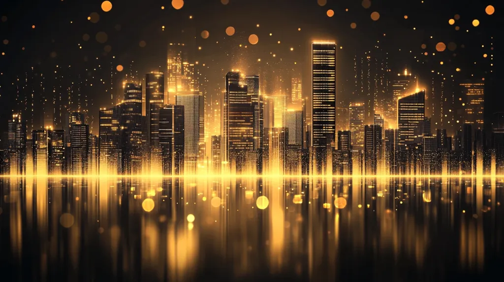 A cityscape with tall buildings glowing with golden lights.  The city is reflected in a shimmering body of water.  The image has a dreamy, almost ethereal quality, created by the soft glow of the lights and the bokeh effect.  The cityscape looks like a miniature model with tiny lights.