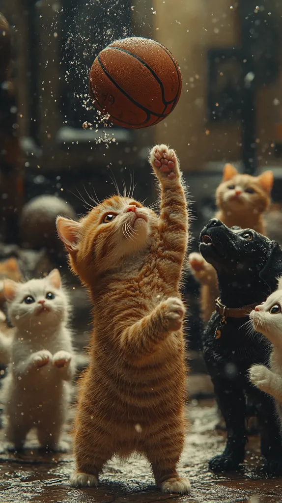 A group of playful animals, including an orange tabby cat reaching for a basketball, a white kitten, an orange tabby cat looking on, and a black dog, stand amidst a shower of water droplets. The scene captures a moment of innocent fun and camaraderie.