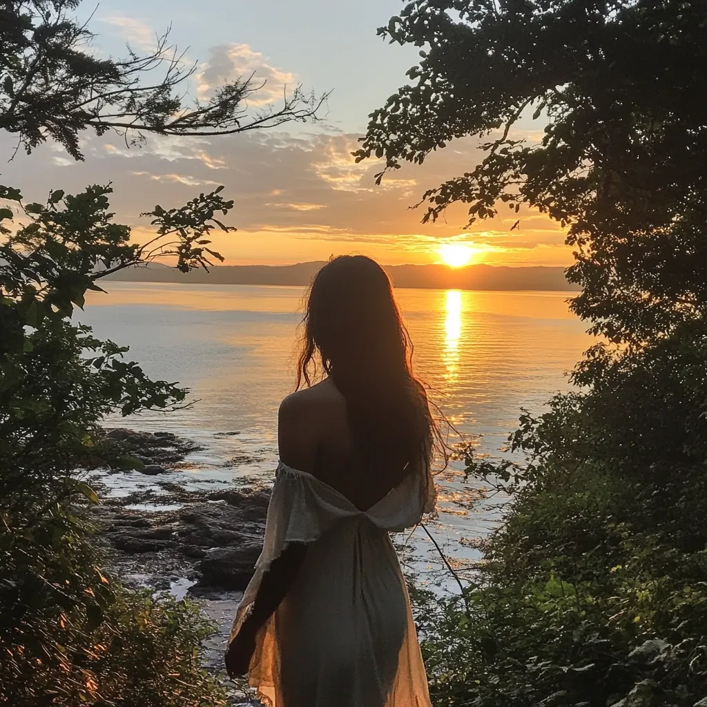 A woman in a white dress stands on a rocky shoreline, gazing out at a tranquil bay. The sun, setting over the water, casts a warm glow across the scene. The woman's long hair flows in the gentle breeze, and her silhouette is framed by the lush greenery of the surrounding trees. The tranquil atmosphere evokes a sense of peace and solitude.