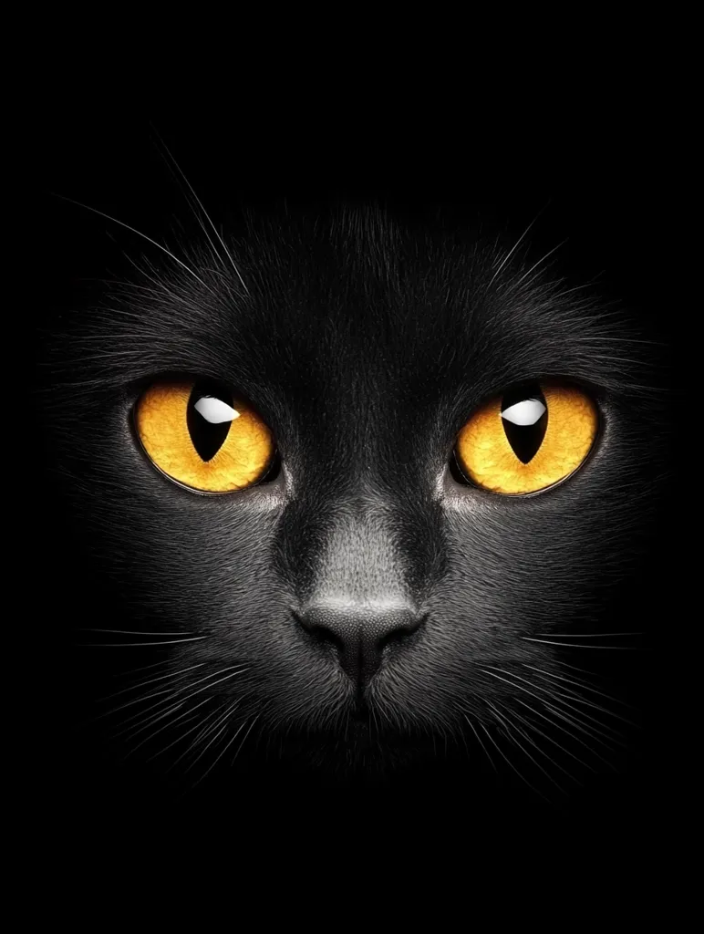 The image shows a close-up of a black cat's face, with its piercing yellow eyes staring directly at the viewer. The cat's black fur is almost indistinguishable from the dark background, creating a sense of mystery and intrigue. The sharp focus on the eyes highlights their intensity and the feline's alertness.