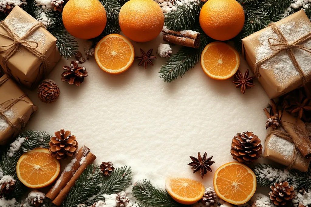 A festive border of oranges, pine sprigs, pine cones, cinnamon sticks, star anise, and wrapped gifts on a snowy white background. The image has a warm and inviting feel, perfect for the holiday season.