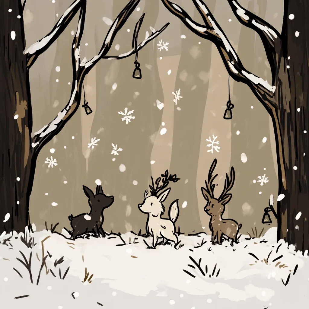 Three deer, one black, one white, and one brown, stand in a snowy forest.  The white deer has antlers with leaves.  Snowflakes are falling from the sky, and small bells hang from branches of trees.  The scene is serene and peaceful, a charming winter wonderland.
