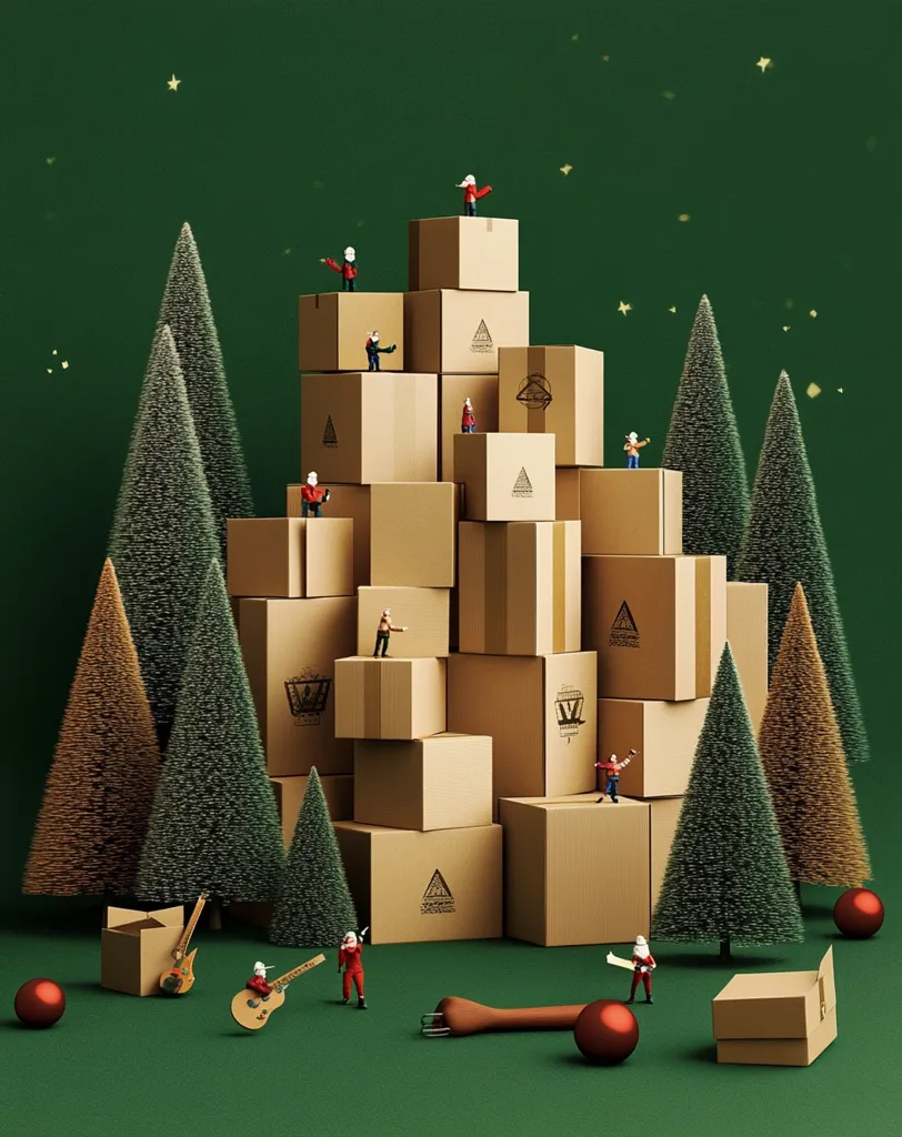 Tiny figures, dressed in red, are scattered around a towering structure made of cardboard boxes. The boxes are stacked in a haphazard pyramid, with each box featuring a unique design.  Two evergreen trees flank the structure, adding a touch of festive charm.  Small golden stars are scattered across the green background.  The scene suggests a playful and whimsical setting, perhaps a holiday celebration.