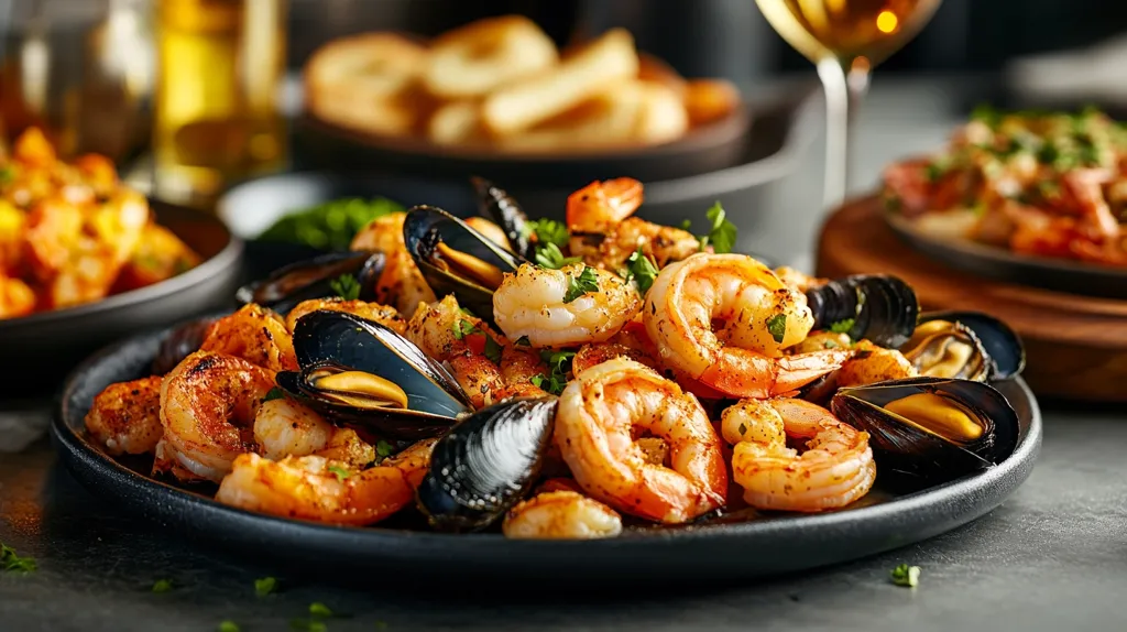 A close-up shot of a black plate overflowing with cooked shrimp and mussels. The shrimp are plump and juicy, and the mussels are perfectly plump and cooked. The seafood is arranged in a visually appealing way, with the shrimp taking center stage. There are also a few sprigs of parsley scattered throughout, adding a touch of freshness to the dish. The plate is set on a dark, rustic surface. The image is a perfect representation of a delicious and satisfying seafood meal.