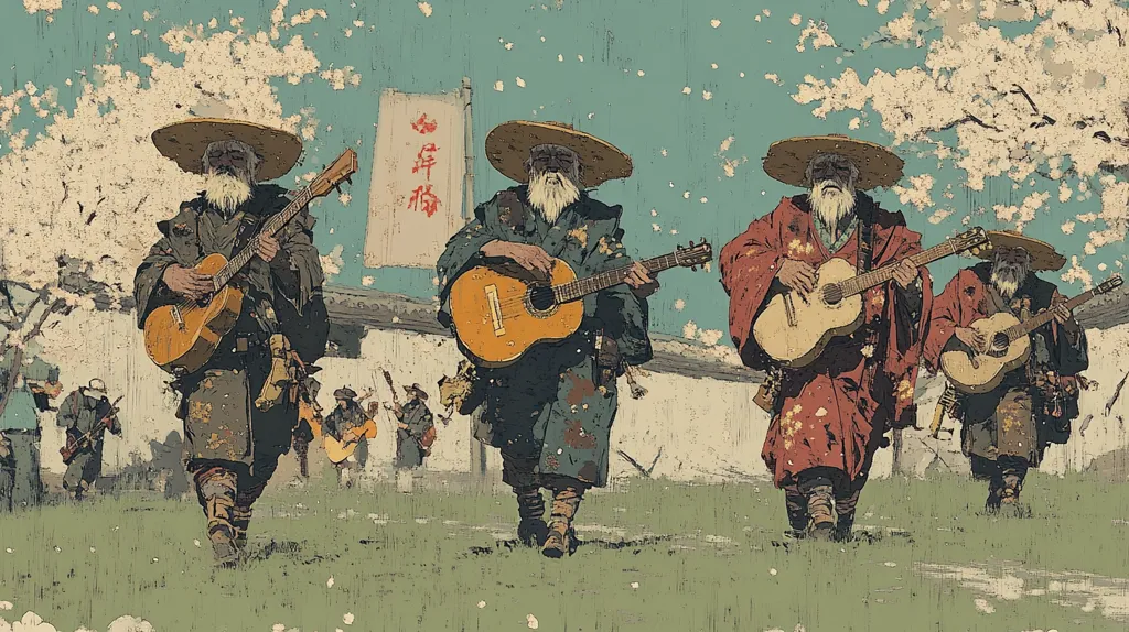 Four men, dressed in traditional Japanese robes and wide-brimmed hats, walk along a path. They are playing guitars, and the scene is set against a backdrop of a flowering cherry blossom tree. The image evokes a sense of serenity and traditional Japanese culture. The muted colors and brushstrokes create a painterly and atmospheric effect.